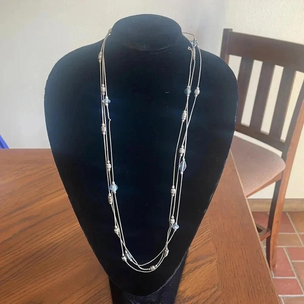 Silver & Blue Bead Long Necklace‎